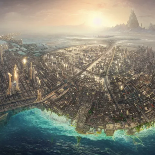 Prompt: Large Fantasy City in the middle of an island in the ocean, concept art, matte painting, birds eye view, city plans