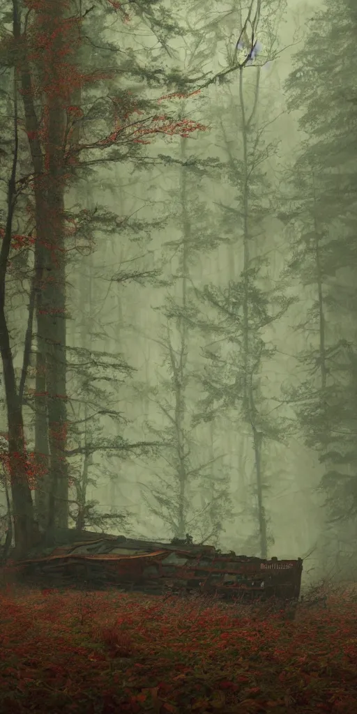 Image similar to an old big shipwreck in an autumn forest, green and red tones, by Aron Wiesenfeld and beksincki, cinematic, detailed illustration, nature, fog, dark colors, suspense, intricate, 8k