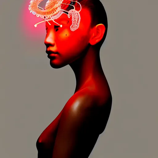 Image similar to portrait of an absurdly beautiful, graceful, sophisticated, fashionable asian cyberpunk mechanoid gravure idol, hyperdetailed illustration by irakli nadar, adut akech, matt wisniewski style, intricate linework, dark black porcelain skin, jellyfish headdress, unreal engine 5 highly rendered, global illumination, neon red light, detailed and intricate environment