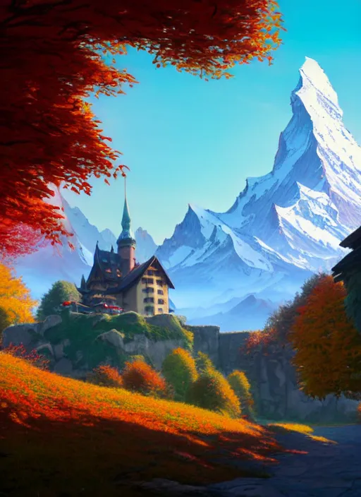 Image similar to a wholesome animation key shot, castle in the middle, swiss alps ( matterhorn ) in the background, autumn foliage in the foreground, studio ghibli, pixar and disney animation, sharp, rendered in unreal engine 5, anime key art by greg rutkowski, bloom, dramatic lighting