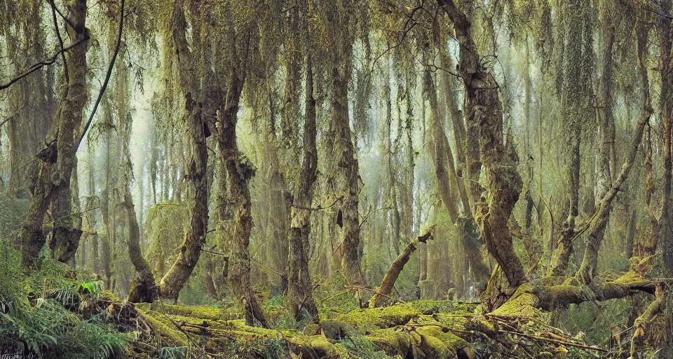 Image similar to looking up at on ancient willow forest, hemlocks, moss, stream, intricate, vivid colors, elegant, highly detailed, ivan shishkin, john park,