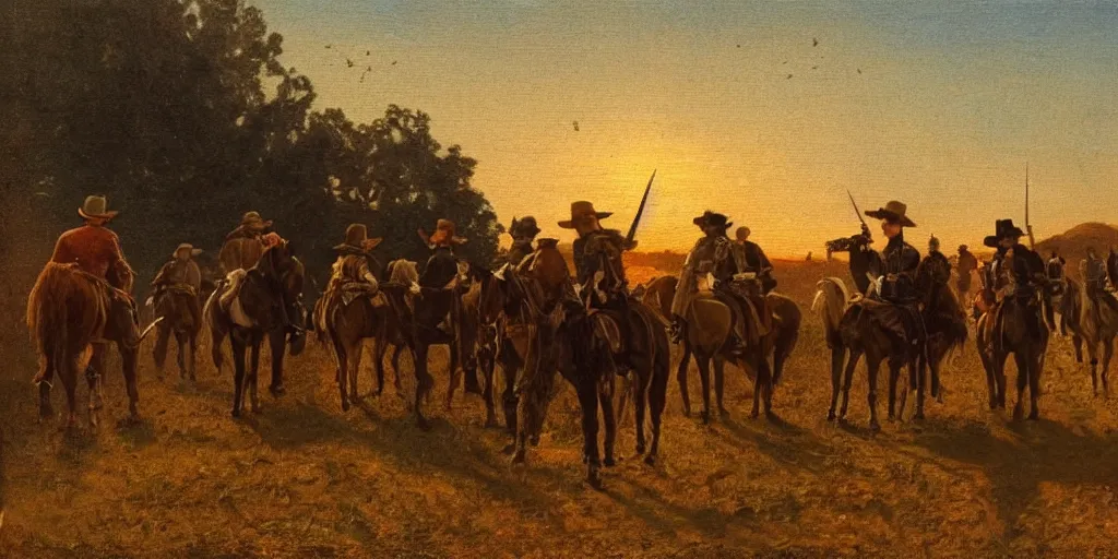 Prompt: a band of outlaws walking in the wild west at sunset, as a XIXth century painting