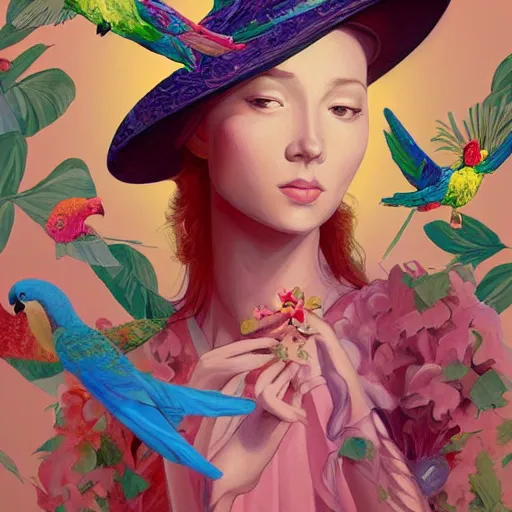 Image similar to a painting of a woman wearing a floral hat in a beautiful garden with parrots flying around, an ultrafine detailed painting by james jean, cgsociety, figurative art, ilya kuvshinov, detailed painting, rich color palette