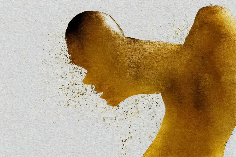 Image similar to beautiful serene swimming person, healing through motion, life, minimalistic golden and ink airbrush painting on white background