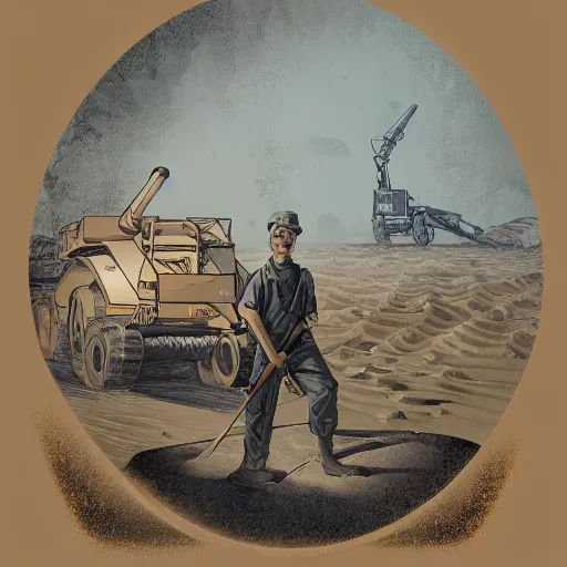 Image similar to in the distance, in the center of a large sand pit, there is a large golden ball in the sand, a broken excavator and a man in military uniform standing nearby, stylization of a book illustration, high - quality, depth of sharpness, focus on the object