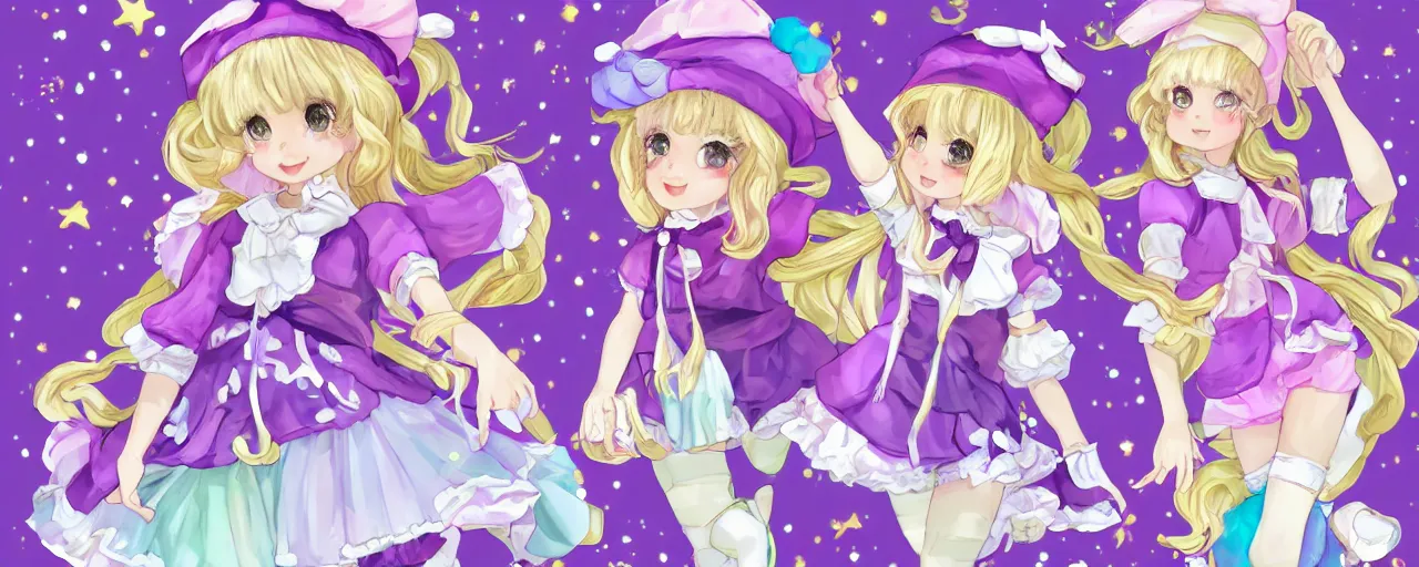 Image similar to A character sheet of full body cute magical girls with short blond hair wearing an oversized purple Beret, Purple overall shorts, Short Puffy pants made of silk, pointy jester shoes, a big billowy scarf, and white leggings. Rainbow accessories all over. Flowing fabric. Golden Ribbon. Fancy Lolita Dress. Baby the stars shine bright. Covered in stars. Artist Clothes. Painter Clothes. Dreamer. Short Hair. Art by william-adolphe bouguereau and Paul Delaroche and Alexandre Cabanel and Lawrence Alma-Tadema and WLOP and Artgerm. Fashion Photography. Decora Fashion. harajuku street fashion. Kawaii Design. Intricate, elegant, Highly Detailed. Smooth, Sharp Focus, Illustration Photo real. realistic. Hyper Realistic. Sunlit. Moonlight. Dreamlike. Surrounded by clouds. 4K. UHD. Denoise.