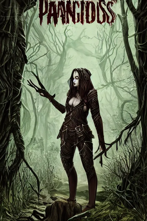 Prompt: dramatic dark forest scenery, girl with fangs in hide leather armor, D&D book-cover without text