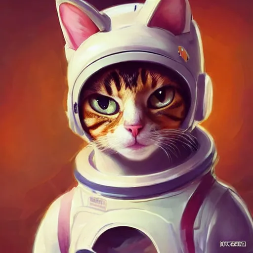 Image similar to head and shoulders masterpiece portrait of a cute adorable cat wearing a spacesuit, surreal background, digital art by krenz cushart, trending on artstation, cgsociety,