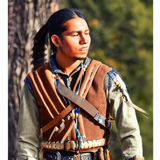 Image similar to young thin native American man wearing cargo buckskin jacket buckskin tactical toolbelt pockets bandolier, shaman deadlands, weird west