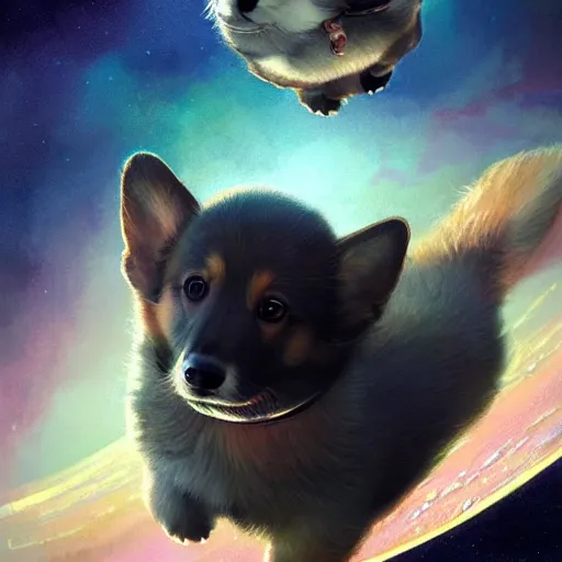 Prompt: corgi puppy floating in outer space, hyperrealistic, very lifelike, adorable, highly detailed digital painting, illustrated by greg rutkowski, artgerm, moebius, simon stalenhag, trending on artstation, 8 k