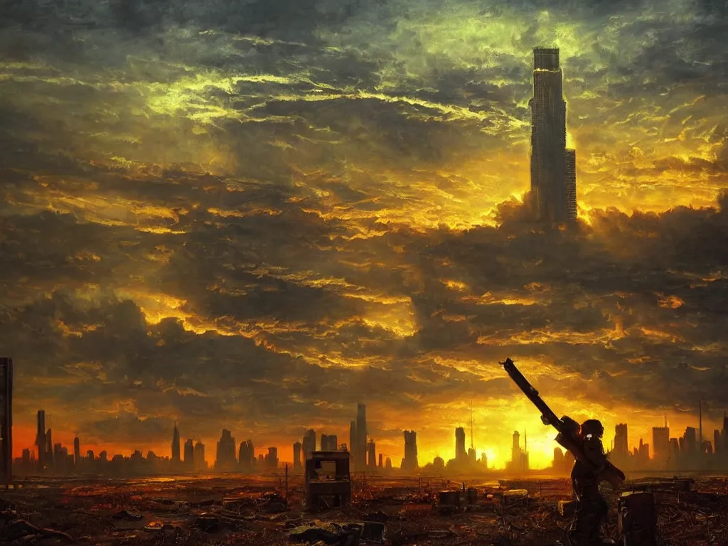 Image similar to a post apocalyptic chicago after a nuclear war, beautiful radioactive sunset lighting, beautiful painting, fallout video game, painted by albert bierstadt