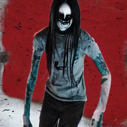 Image similar to extremely skinny scary billie eilish chasing you at night creepypasta