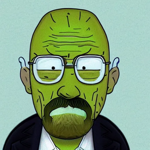 Image similar to walter white as pickle rick, detailed, realism,