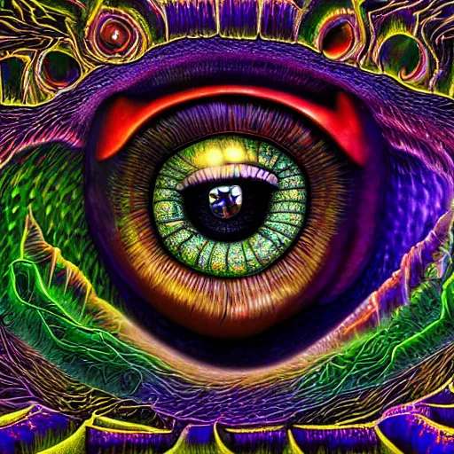 Prompt: dark fantasy, 4 k, textured 3 d, intense detail, psychedelic, amazing background, bas relief, eyeball in center of hideous monster, alex grey style