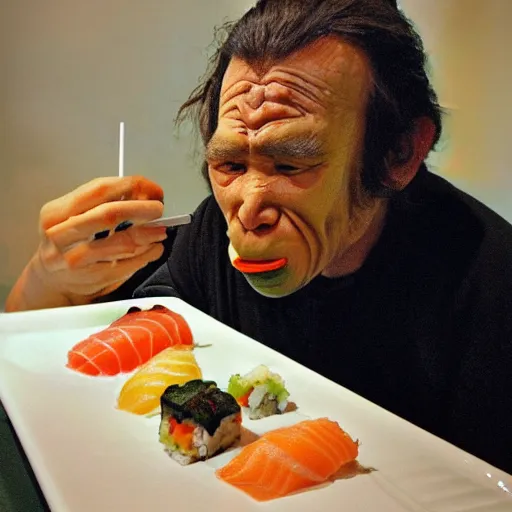 Image similar to neanderthal eating sushi