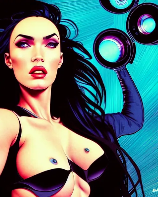 Image similar to low angle closeup very seductive megan fox retro scifi goddess pinup, vr goggles, action glamour pose, windblown dark hair, hyper detailed, digital art, studio lighting, smooth, ambient lighting, sharp focus, frank miller, wlop, anna dittmann, moebius!, alphonse mucha, patrick nagle!!!, rim lighting, synthwave