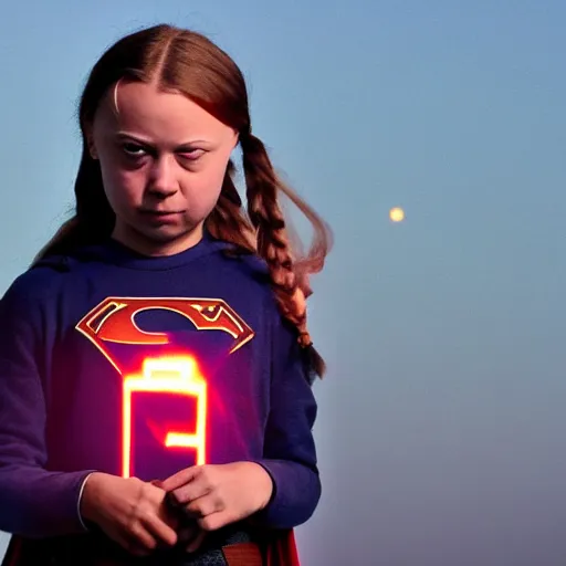 Prompt: epic photo of greta thunberg as super girl realistic backlit background oil refinery explosions and black smoke