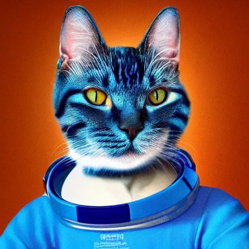 Prompt: head and shoulders masterpiece portrait of a cute adorable cat wearing a blue spacesuit, surreal background, digital art, by hieronymus bosch, trending on artstation, cgsociety,