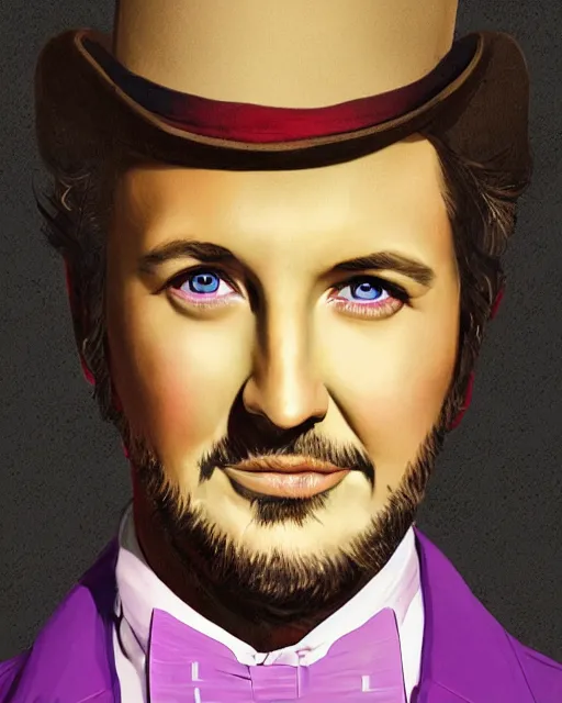 Prompt: Luke Bryan as Willy Wonka, digital illustration portrait design, detailed, gorgeous lighting, dynamic portrait