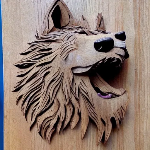 Image similar to detailed wolf howling made out of wood