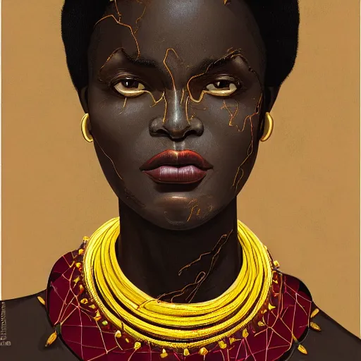 Prompt: a professionally painted african female model , clothed in ancient street wear, dark skin, red gold hair, beautiful bone structure, big symmetrical scar features, stunningly, beautiful, intricate, elegant, digital painting, smooth, sharp focus, illustration, made by Kehinde Wiley, Kara Walker, Jacob Lawrence, Sam Gilliam, Edmonia Lewis,