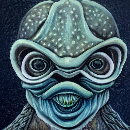 Prompt: fish person portrait, deep one, love craftian, innsmouth, painting, Eerie