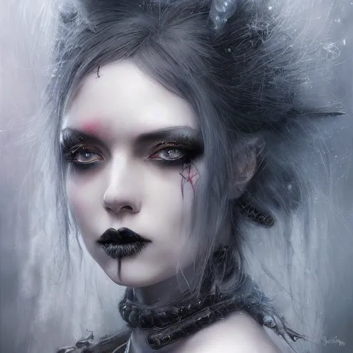 Image similar to gothic, grimdark a beautiful portrait of kerli koiv with pastel goth makeup, a detailed painting by greg rutkowski and raymond swanland and luis royo, featured on cgsociety, grimdark art, detailed painting, artstation hd, photorealistic