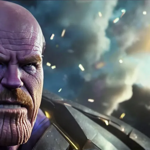 Image similar to Bryan Cranston as Thanos, HD promotional screenshot from new Avengers film, 8k ultra realistic, Marvel animation