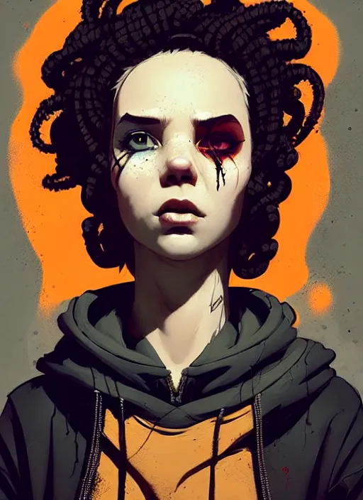 Prompt: highly detailed portrait of a sewer punk lady, tartan hoody, ringlet hair by atey ghailan, by greg rutkowski, by greg tocchini, by james gilleard, by joe fenton, by kaethe butcher, gradient orange, black, cream and white color scheme, grunge aesthetic!!! ( ( graffiti tag wall background ) )