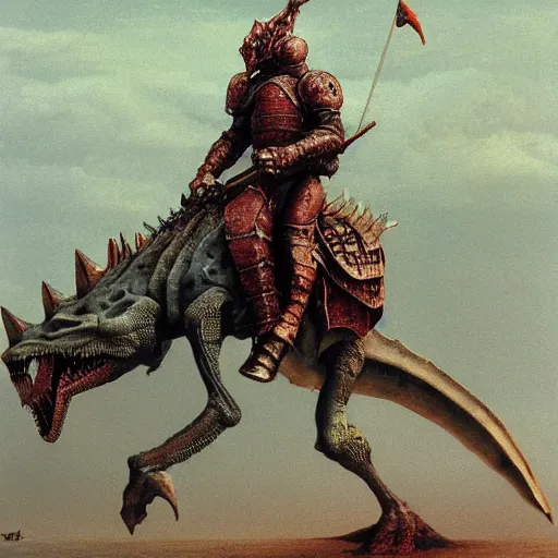 Prompt: knight riding a dinosaur in full armor concept, beksinski