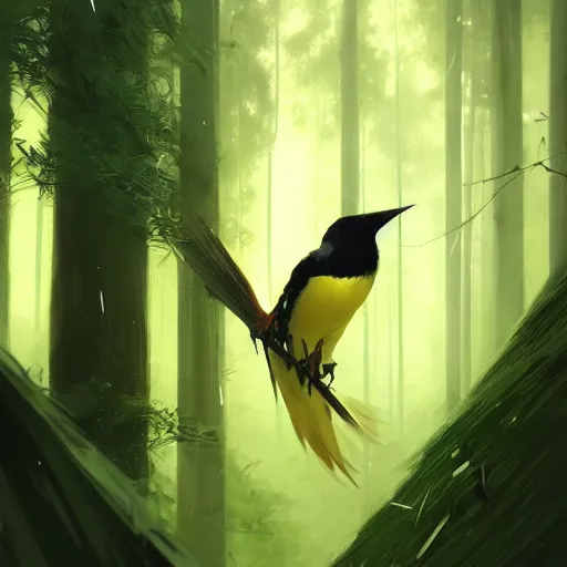 Image similar to green yellow white and black wren, reyezuelo listado, in avila pinewood, 4 k, concept art, by wlop, ilya kuvshinov, artgerm, krenz cushart, greg rutkowski, pixiv. cinematic dramatic atmosphere, sharp focus, volumetric lighting, cinematic lighting, studio quality