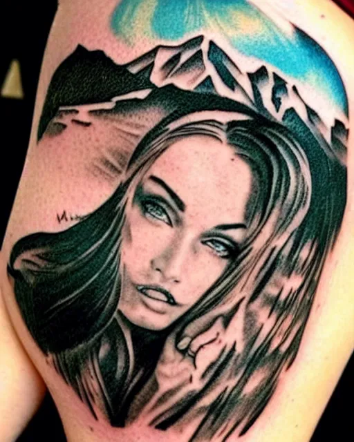 Prompt: creative double exposure effect tattoo design sketch of megan fox faded with beautiful mountain scenery, realism tattoo, in the style of matteo pasqualin, amazing detail, sharp