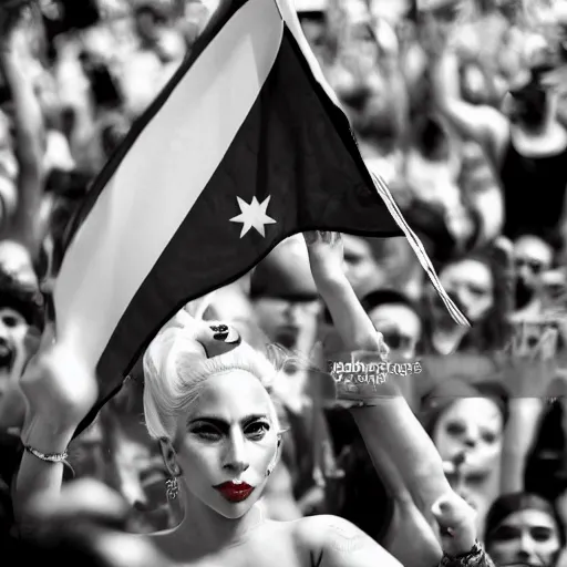 Image similar to Lady Gaga as Evita, Argentina presidential rally, Argentine flags behind, bokeh, epic photo, detailed face, Argentina