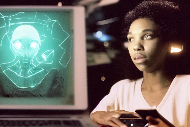 Image similar to alien using a computer to check her email submerged in translucent goo, over the shoulder perspective, in 1 9 8 5, y 2 k cybercore, industrial low - light photography, in the style of tyler mitchell