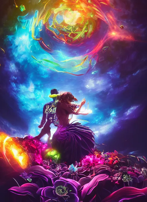 Image similar to An epic fantastic realism comic book style painting of the most beautiful spiraling entwined flowers launched explosively across the dark spinning galaxy, floating bouquets, fisheye lens, unreal 5, DAZ, hyperrealistic, octane render, dynamic lighting