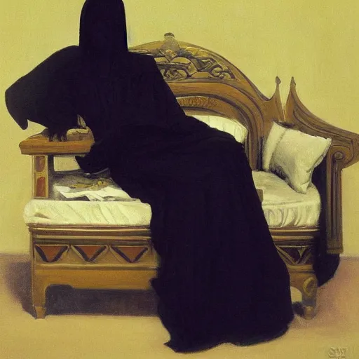 Image similar to grim reaper as a beautiful woman relaxing on the couch, thin black robe, elegant, posing, an ornate scyte is resting off to the side, vintage shading, award winning, by Ilya Repin and Dave McKean, deviant art