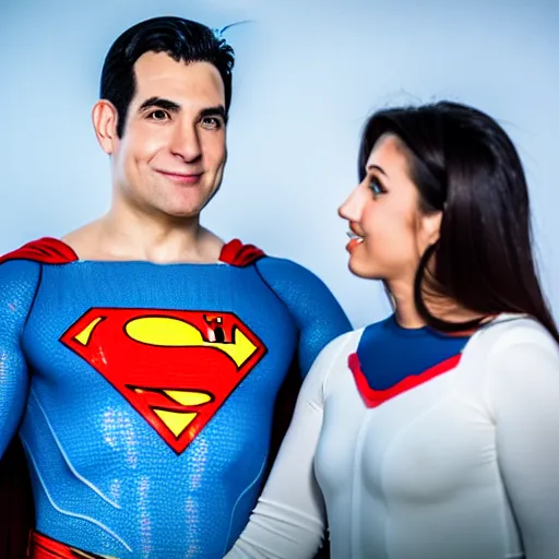 Image similar to photo of superman with the face of benjamin netanyahu, benjamin netanyahu as superman, bibi netanyahu dressed as superman, professional photography, studio lighting