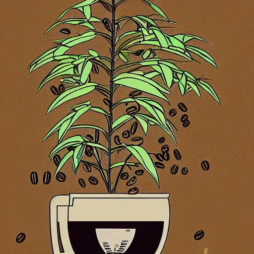 Prompt: Japanese illustration of an Italian coffee maker, surrounded by coffee seeds and plants in a beautiful environment, extreme detail