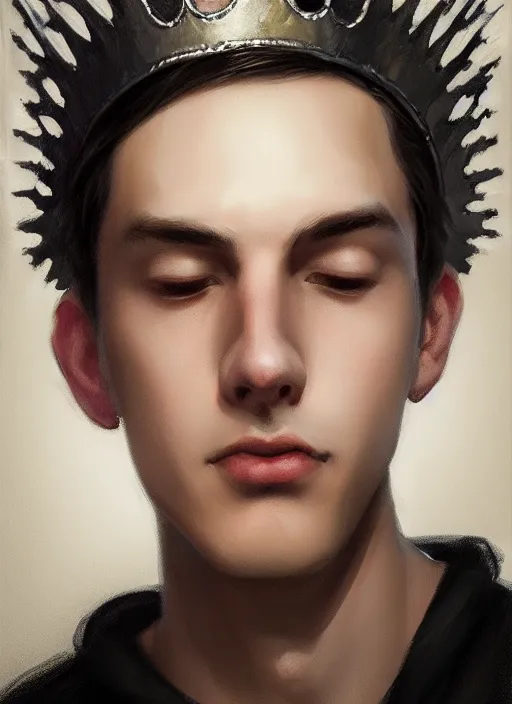 Image similar to portrait of teenage jughead jones wearing a light grey crown, photorealistic, crown, eyes closed, crown, black hair, intricate, elegant, glowing lights, highly detailed, digital painting, artstation, concept art, smooth, sharp focus, illustration, art by wlop, mars ravelo and greg rutkowski