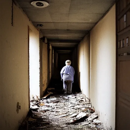 Image similar to an smiling old man peeking down an abandoned hallway