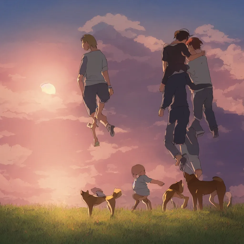 Prompt: boy human and girl human embracing with shiba inu running around them while facing landscape with a sunset in the background studio ghibli art style, digital art, highly detailed, illustration, artstation, smooth, sharp focus