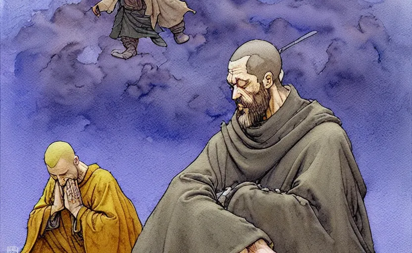 Prompt: a hyperrealist watercolour character concept art portrait of one small grey medieval monk kneeling in prayer. a giant flat rock floats in the air above him. it is a misty night. by rebecca guay, michael kaluta, charles vess and jean moebius giraud