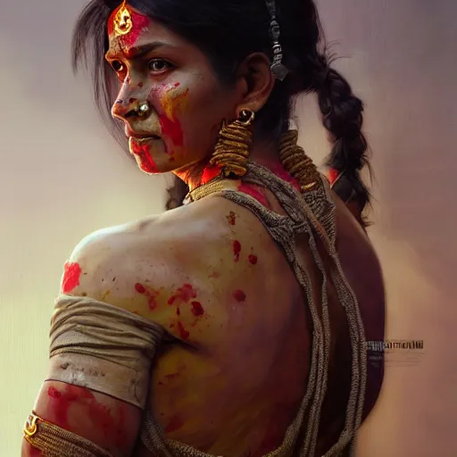 Prompt: portrait painting of a bloodied indian female butcher from behind, ultra realistic, concept art, intricate details, eerie, highly detailed, photorealistic, octane render, 8 k, unreal engine. art by artgerm and greg rutkowski and alphonse mucha