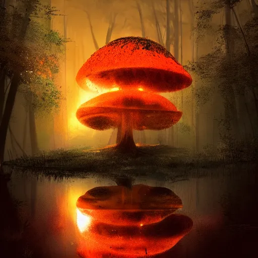 Image similar to huge orange and red mushroom in the woods, puddles of water, sunset, orange glow, foggy, by finnian macmanus and greg rutkowski