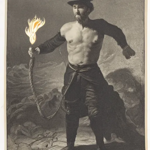 Image similar to a man holding a whip surrounded by an aura of fire