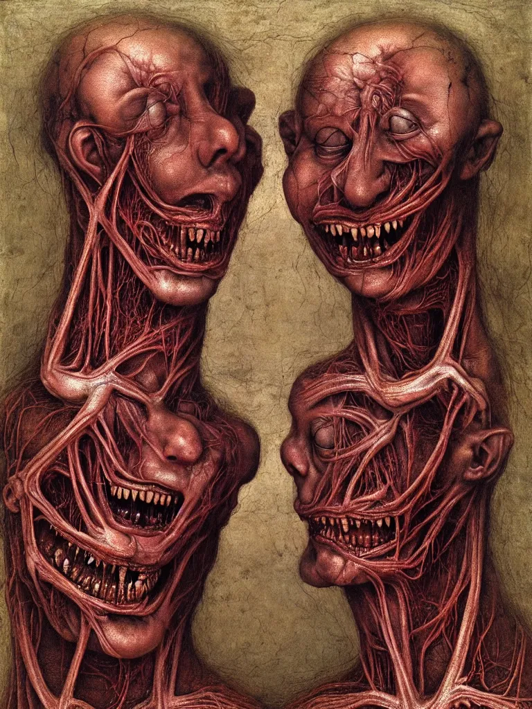 Image similar to siamese twins made of veins, looking into camera, laughing, by giuseppe arcimboldo and ambrosius benson, renaissance, intricate and intense oil paint, a touch of beksinski and hr giger and edward munch, realistic