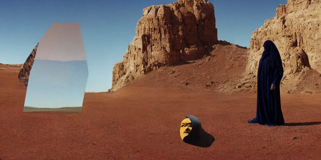 Image similar to levitating bene gesserit with full - face golden mask in a dry rocky desert landscape, visible sky and sunny atmosphere, fata morgana and giant square mirrors by alejandro jodorowsky, anamorphic lens, kodakchrome, practical effects, masterpiece, 8 k