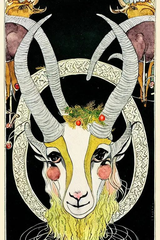 Prompt: goat man with horns and black fur in the center of a frame made of christmas ornaments, art by kay nielsen and walter crane, illustration style, watercolor