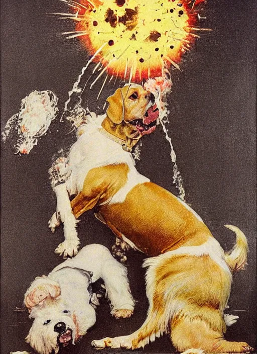 Image similar to a norman rockwell painting of an exploding dog