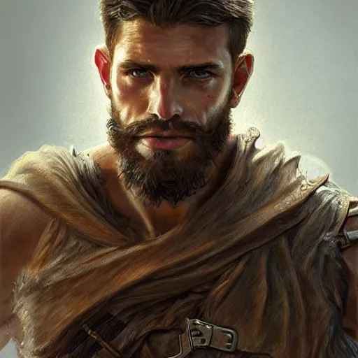 Image similar to portrait of a rugged ranger, 2 5 years old, muscular, upper body, leather, hairy torso, d & d, fantasy, intricate, elegant, highly detailed, digital painting, artstation, concept art, smooth, sharp focus, illustration, art by artgerm and greg rutkowski and alphonse mucha